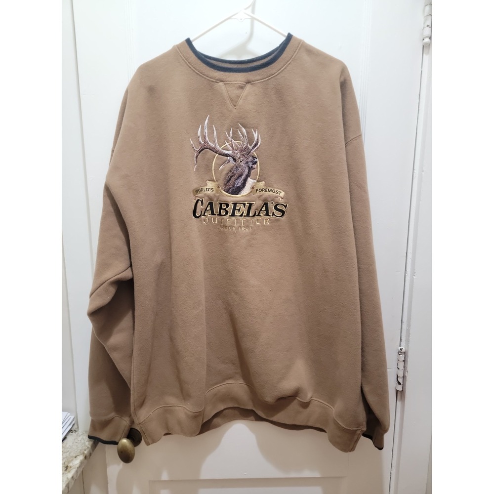 Cabelas Mens 2XLT Crewneck Sweatshirt  Sleeve Deer Embroidered Pullover Brown